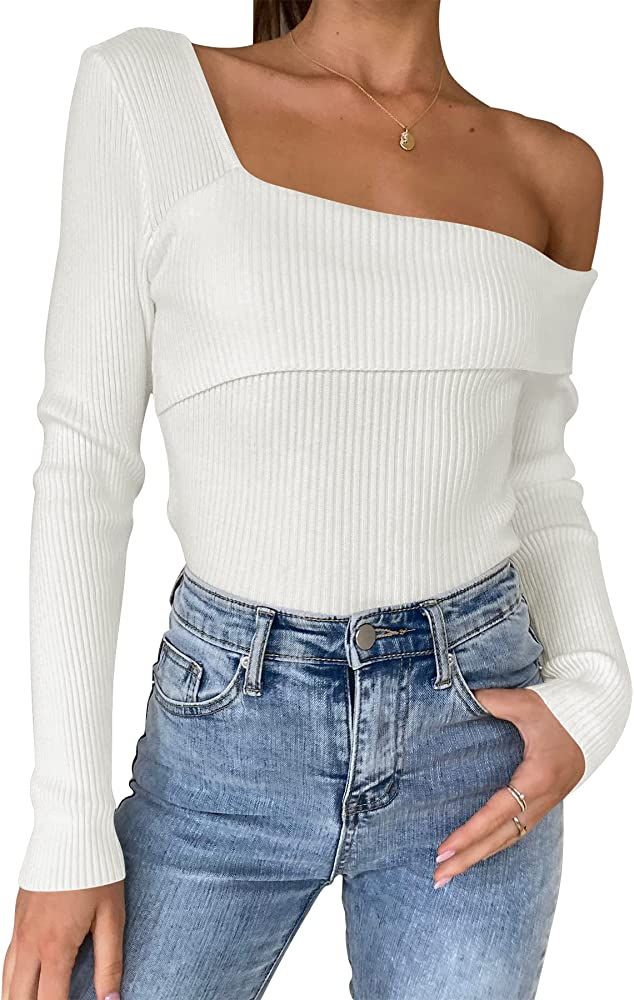 ANRABESS Women's Long Sleeve Off Shoulder Crop Top Ribbed Knit Slim Fit Casual Solid Pullover Swe... | Amazon (US)