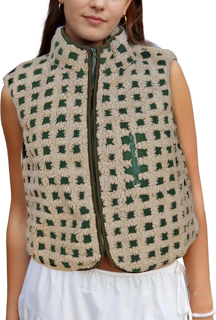 Womens Checkered Sherpa Vest Sleeveless Winter Fleece Jacket High Neck Zip Up Plaid Gilet with Ch... | Amazon (US)