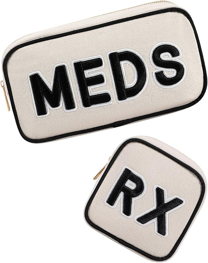2Pcs Small Canvas Rx MEDS Medicine Packages, Cute Chenille Letter Patch Drug Makeup Bag with Meta... | Amazon (US)