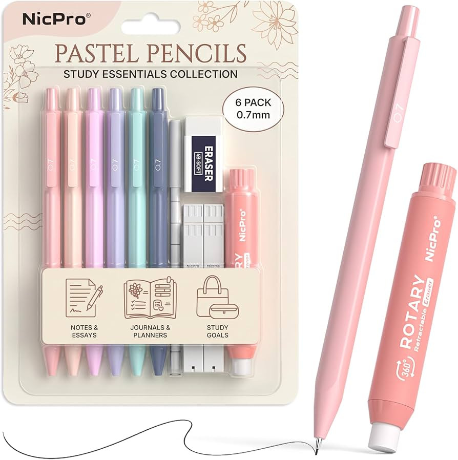 Nicpro Pastel Mechanical Pencil Set, 0.7mm Cute Pencils, 6 Pack | Amazon (US)