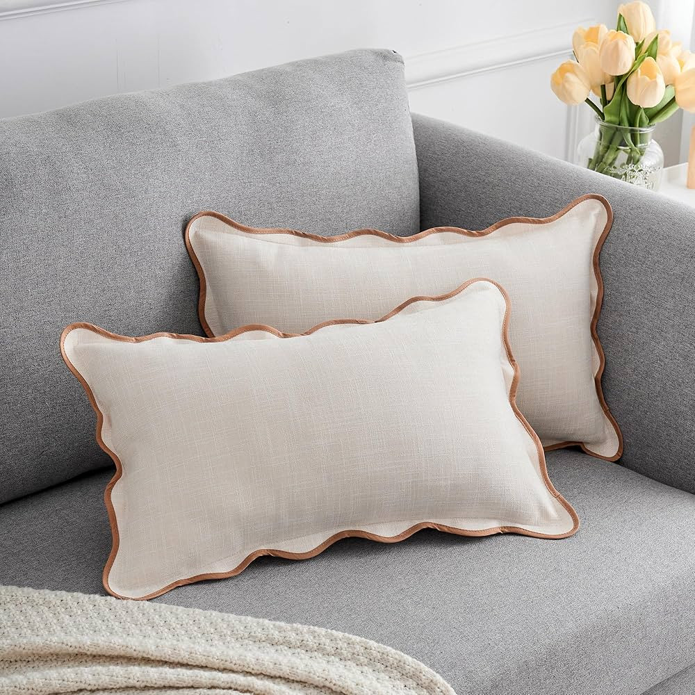 Scalloped Throw Pillow Covers 12x20 Inch Set of 2, Soft Cotton & Cozy Linen, Boho Sytle Decorativ... | Amazon (US)