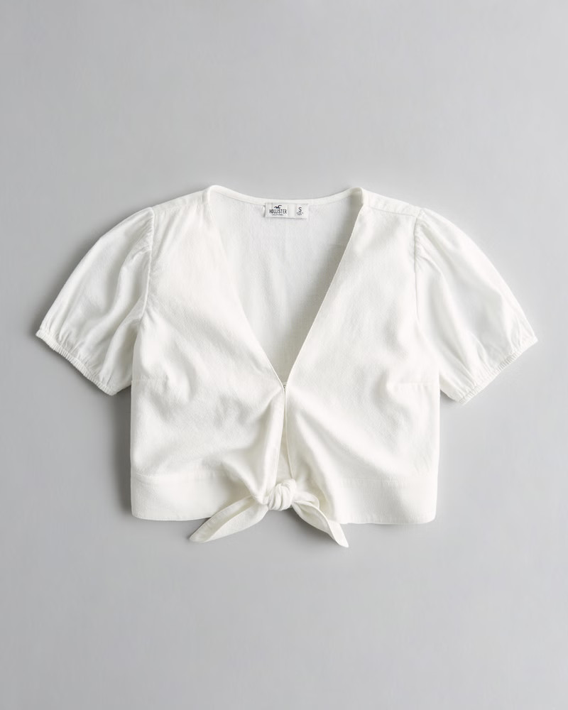 Crop Tie-Front Linen Blend Blouse | Hollister (US)