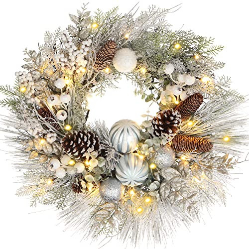 Briful Christmas Wreaths for Front Door 24" Christmas White Snow Flocked Door Wreath with Balls Ornaments Pinecone Berries for Xmas Room Fireplaces Walls Home Indoor/Outdoor Porch Decor | Amazon (US)