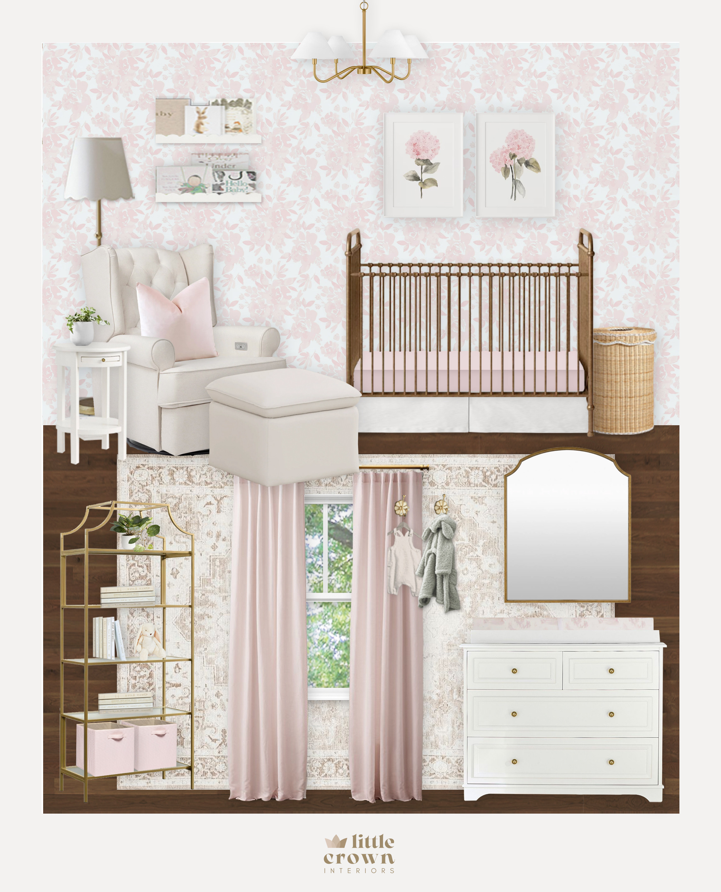 Another Virtual Nursery Design complete! This one is an adorable floral space with blush pink, white and gold. The client wanted her nursery design to feel soft and sweet 🌸⁠
⁠
This nursery wasn't a huge space, so we opted for an accent wall for the pink peonies wallpaper instead of doing the whole room.⁠
⁠
Want your own nursery virtual design? I'm booking now for June & July! www.littlecrowninteriors.com
⁠
Design by @littlecrowninteriors⁠ 

 #LTKHome #LTKBaby #LTKBump