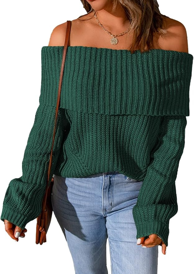 Potany Women's Casual Off Shoulder Sweaters Long Sleeve Solid Pullover Sweaters Front Off The Sho... | Amazon (US)