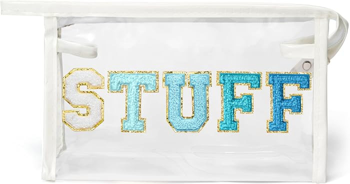 Y1tvei Clear STUFF Makeup Bag - Preppy Patch Blue Chenille Varsity Letter PVC Transparent Extra L... | Amazon (US)
