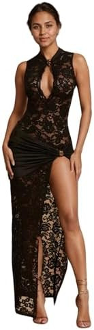 OCUH Black Lace Dress Sheer Maxi Dresses Sexy Outfit for Women Going Out High Slit Skirt Bodycon ... | Amazon (US)