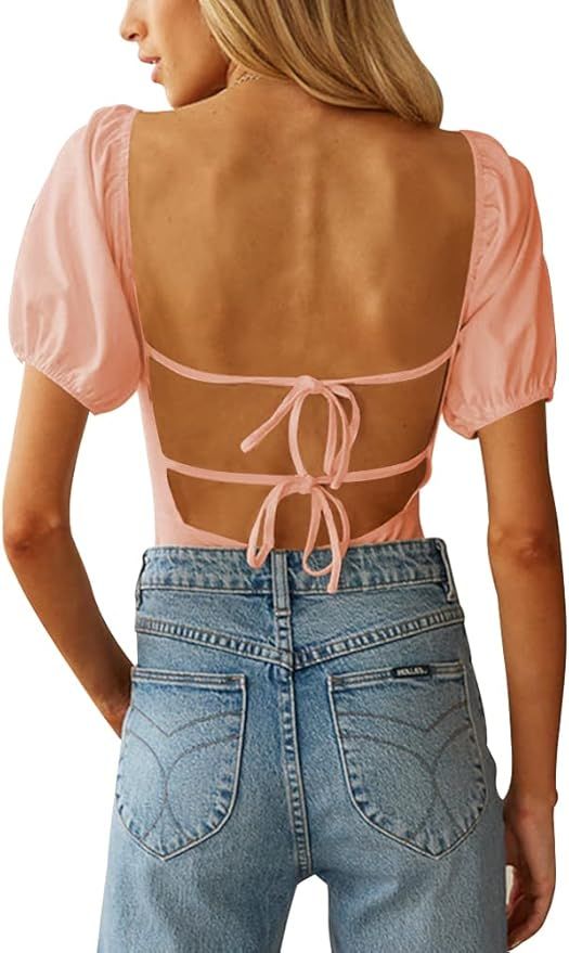 oten Women's Sexy Backless Puff Sleeve Scoop Neck Tie Back Bodysuit Tops | Amazon (US)