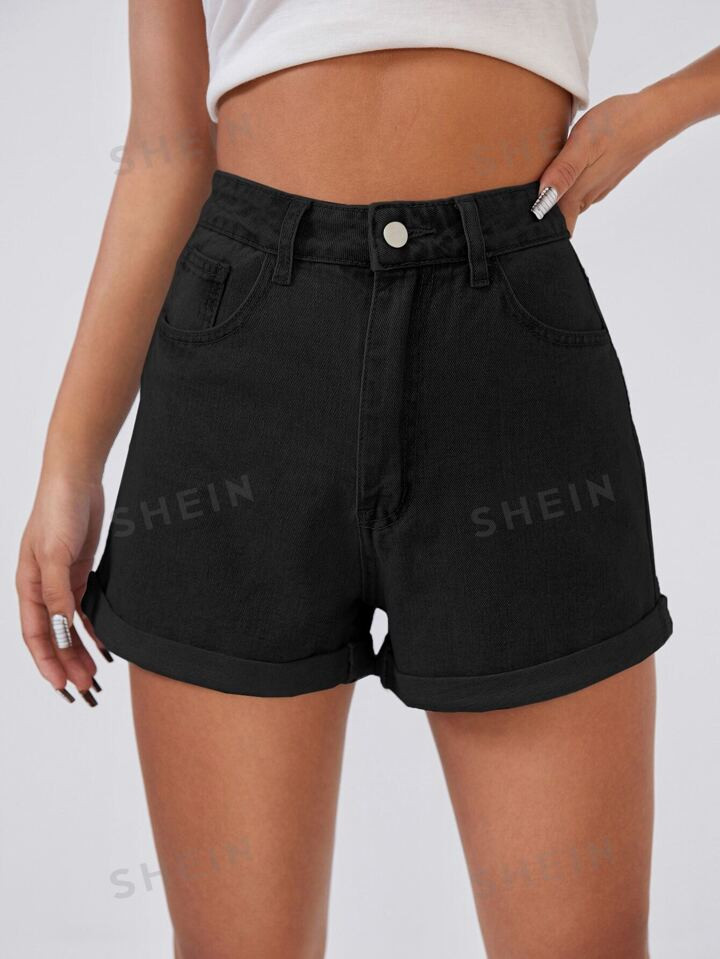 SHEIN EZwear High Waist Roll Up Hem Denim Shorts | SHEIN EUR | SHEIN
