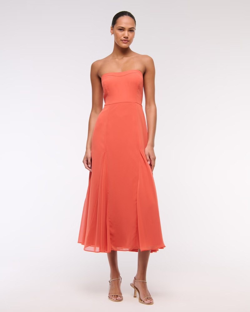 Women's The A&F Camille Strapless Godet Midi Dress | Women's New Arrivals | Abercrombie.com | Abercrombie & Fitch (US)