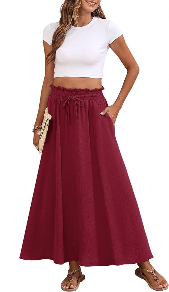 Askyes Womens Maxi Skirt Summer Tie Knot Elastic High Waisted Boho Casual Beach Flowy Swing Long ... | Amazon (US)