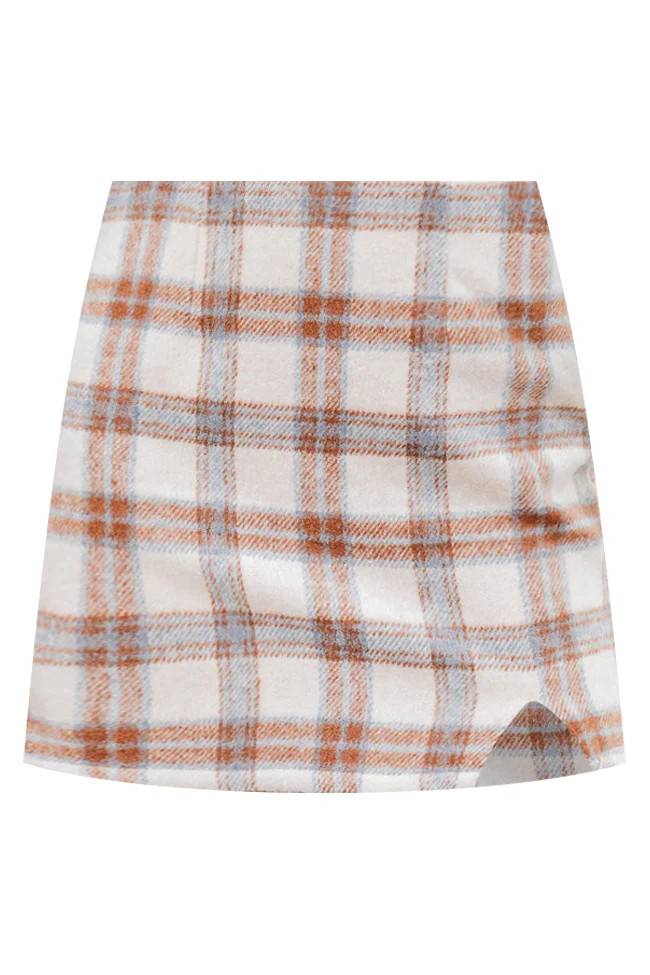 Be Here Forever Beige Plaid Skirt FINAL SALE | Pink Lily