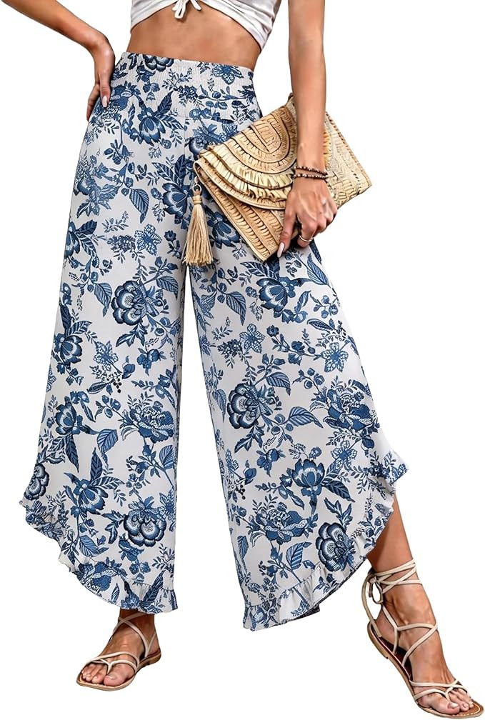 IEEILULU Wide Leg Pants for Women - Beach Pants for Women Flowy Floral Palazzo High Waisted Pants... | Amazon (US)