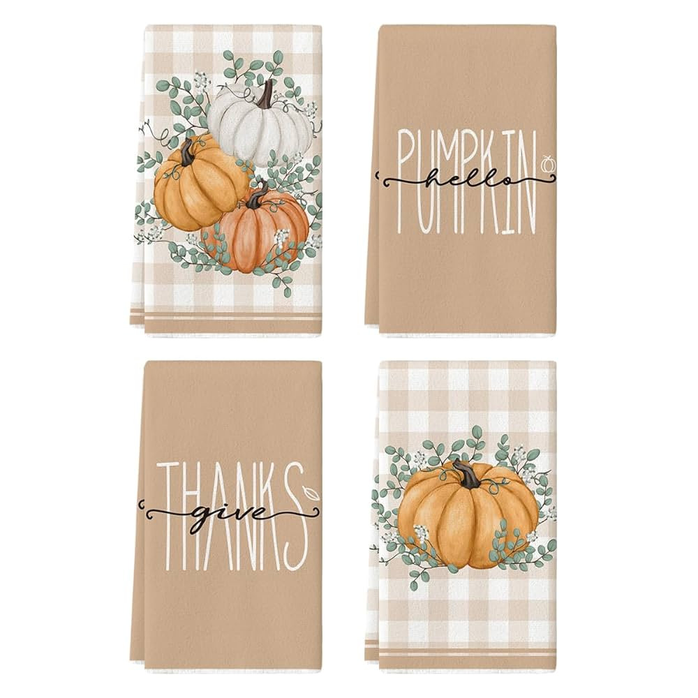 Artoid Mode Orange Eucalyptus Leaves Hello Pumpkin Fall Kitchen Towels Dish Towels, 18x26 Inch Fa... | Amazon (US)