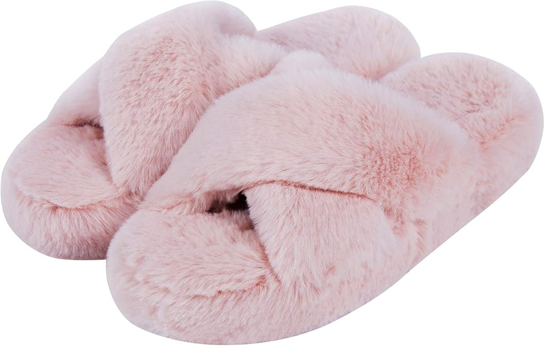DL Fluffy Womens House Slippers Cross Band Open Toe, Soft Plush Fleece Bedroom Slippers Women Mem... | Amazon (US)
