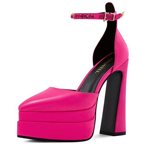 FINDVELL Chunky Platform Heels for Women Pumps Hot Pink Block High Heels Dress Closed Toe Ankle Strap Rhinestone Wedding Shoes Sandals Size 7.5 | Amazon (US)