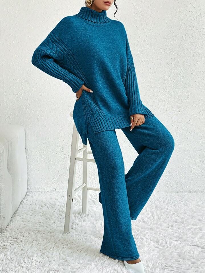SHEIN Privé High Neck Long Sleeve Sweater And Knitted Long Pant | SHEIN