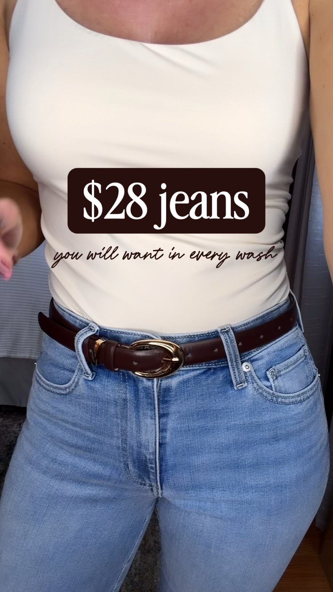 Affordable straight leg denim. 
Tank/medium
Jacket/ small (color toadstool, looks darker online)
Jeans/ 8