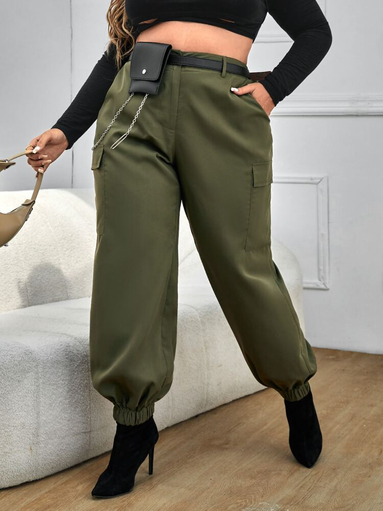 Plus Flap Pocket Cargo Pants Without Belt | SHEIN