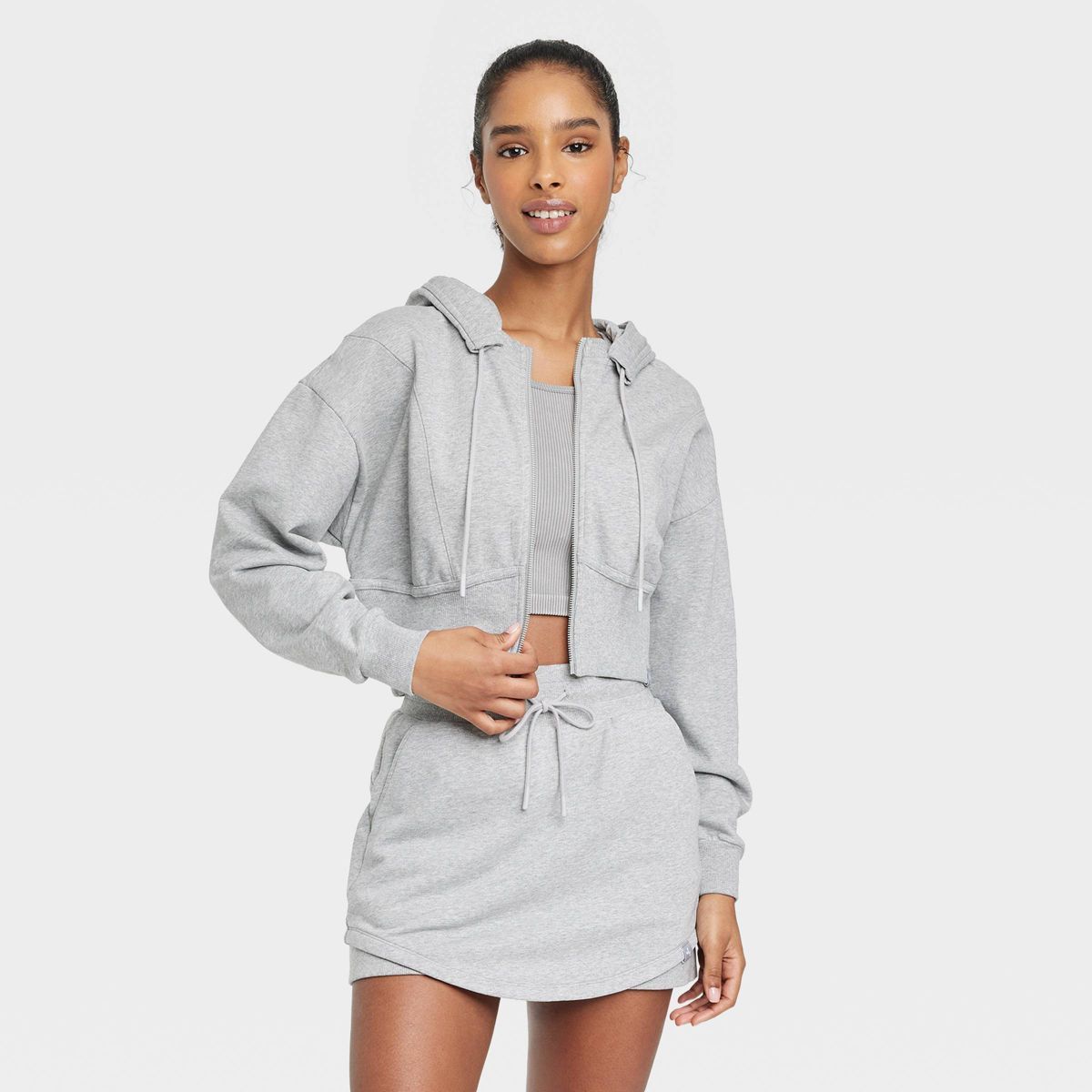 Women's Full Zip French Terry Cropped Hooded Sweatshirt - JoyLab™ Heathered Gray S | Target