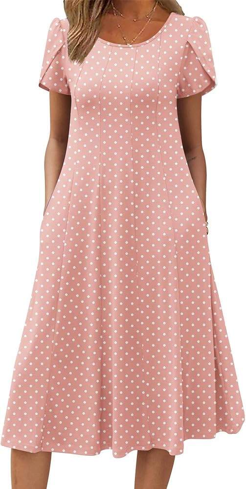 ZEAGOO Womens Casual Dresses for Summer Short Sleeve Flare Midi Dress Loose Flowy Beach Sundress | Amazon (US)