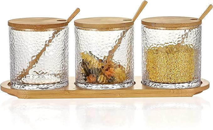 Gaier Omita Spice Storage Jar with Bamboo Lids and Spoons set of 3, Muti-Functional Round Hammere... | Amazon (US)