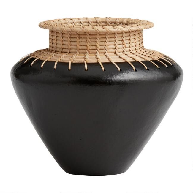 Low Black Terracotta and Rattan Vase | World Market