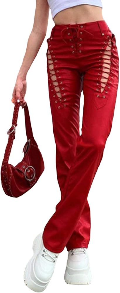 xxxiticat Women's Lace Up PU Leather Pants Chic High Waist Hollow Out Drawstring Bandage Cut Out ... | Amazon (US)