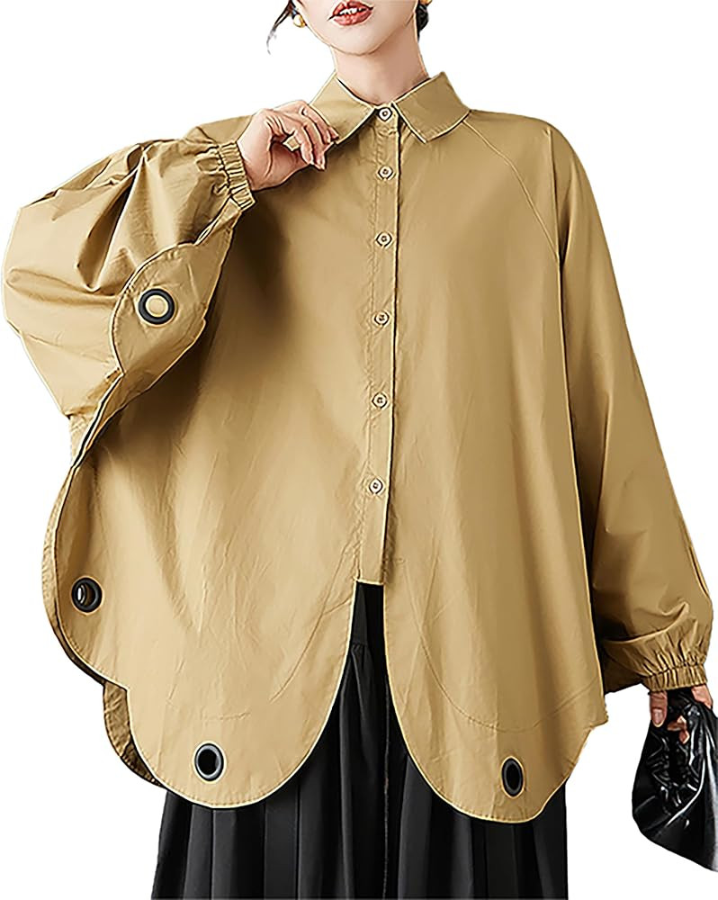 ellazhu Women's Shirt Coat Lapel Button Down Long Lantern Sleeve Solid Irregular Hem Plus Size GZ... | Amazon (US)