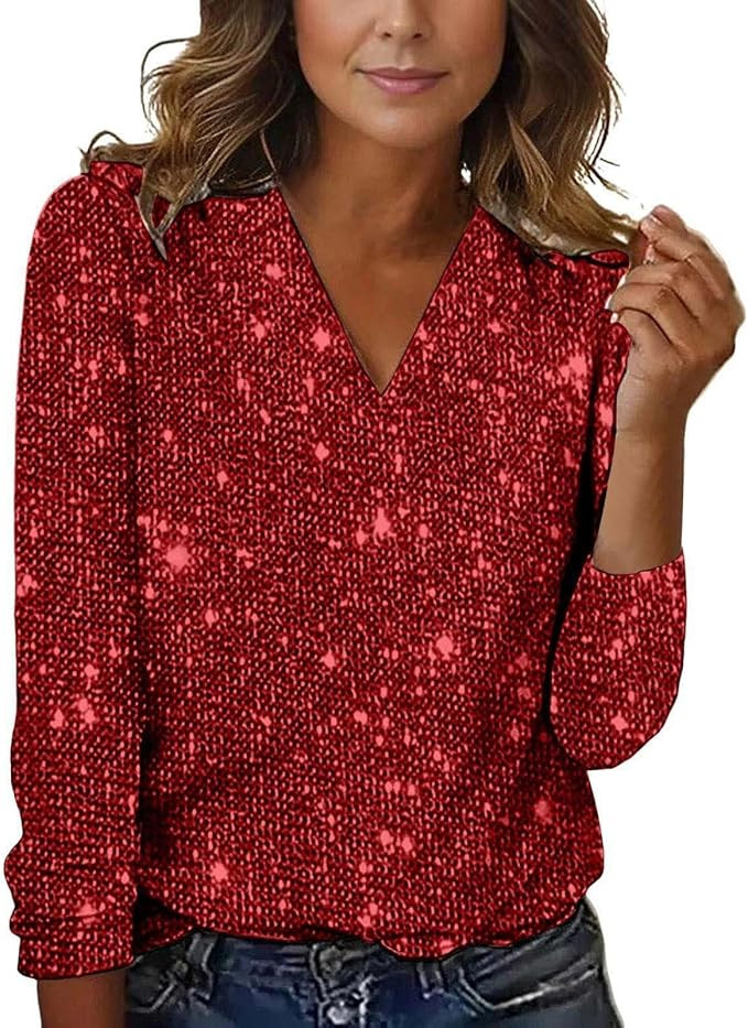 Sequin Tops for Women Fashion Casual Sparkly V Neck Shirts 2025 Holiday Party Sparkle Shimmer Lon... | Amazon (US)
