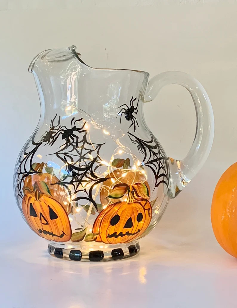 Halloween glass spooky pitcher, fall spooky pumpkin pitcher, spiders pumpkin autumn decor, lighte... | Etsy (US)