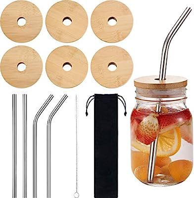 6 Sets Jar Lids with Straw Hole, Regular Mouth Bamboo Jar Lids Compatible with Mason Jar and 4 pi... | Amazon (US)