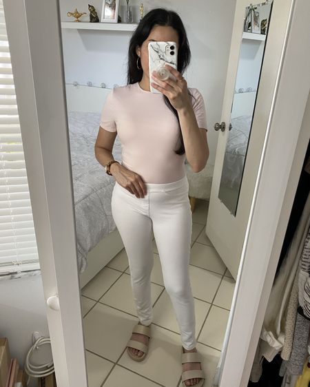 soft pink bodysuit: small // seamless bra: small // white pants: small // watch: rose gold // beige sandals: 6.5 

Summer outfit, spring outfit, casual outfit, Amazon finds, double lined top, second skin, spandex, buttery soft

#LTKfindsunder50 #LTKsalealert #LTKstyletip