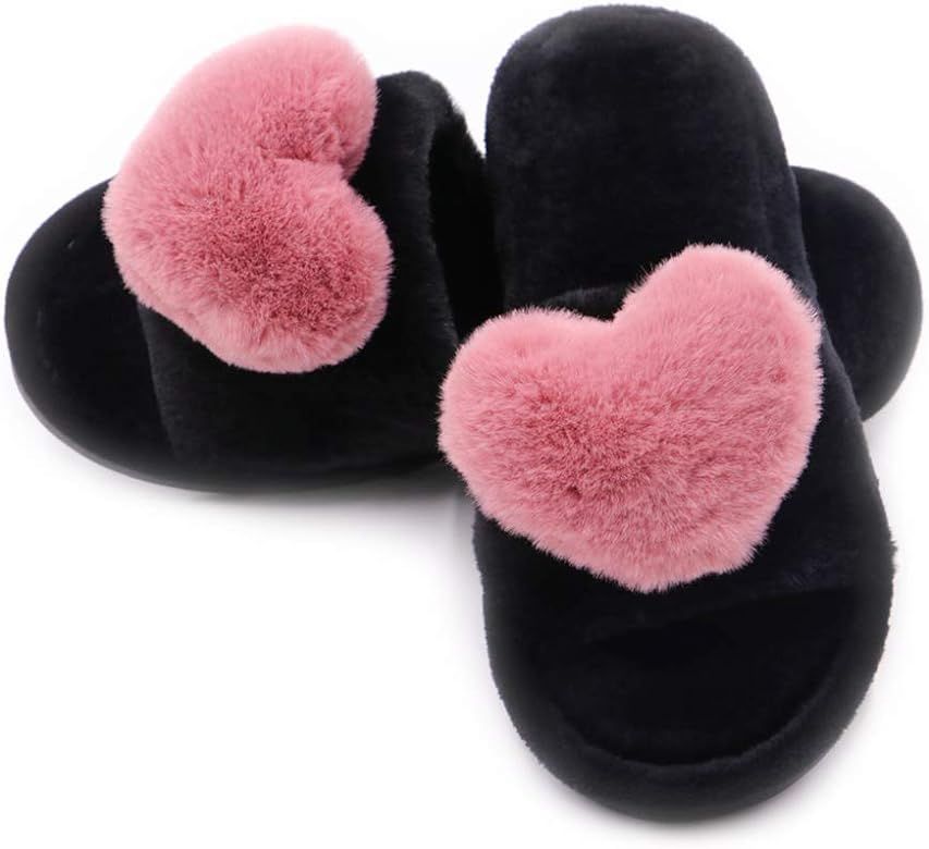 Crazy Lady Women's LOVE Slippers Fuzzy Fluffy Memory Foam House Shoes Open Toe Indoor and Outdoor | Amazon (US)