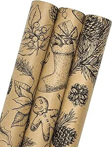 MAYPLUSS Kraft Christmas Wrapping Paper Roll - Mini Roll - 17 inch X 120 inch Per roll - 3 Differ... | Amazon (US)