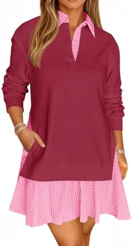 Wenrine Womens Oversized Sweatshirt Dress Casual Long Sleeve Collared V Neck Patchwork Loose Mini... | Amazon (US)