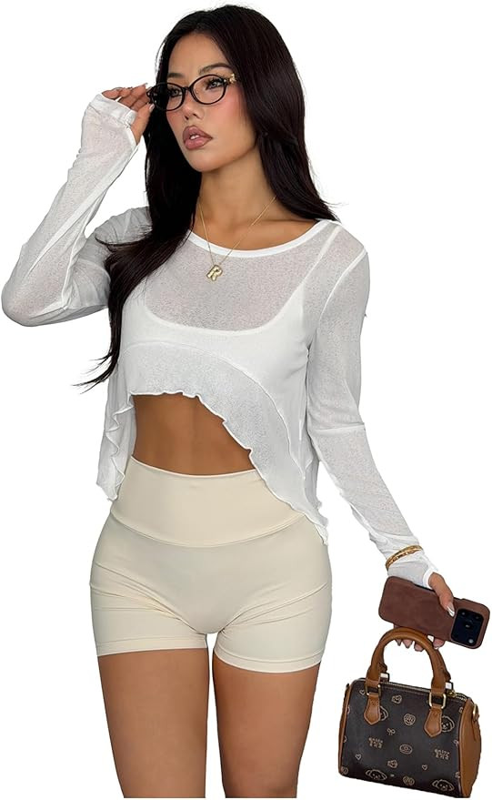 OYOANGLE Women's Long Sleeve Sheer Workout Tops Lettuce Trim Asymmetrical Flowy Athletic Cropped ... | Amazon (US)
