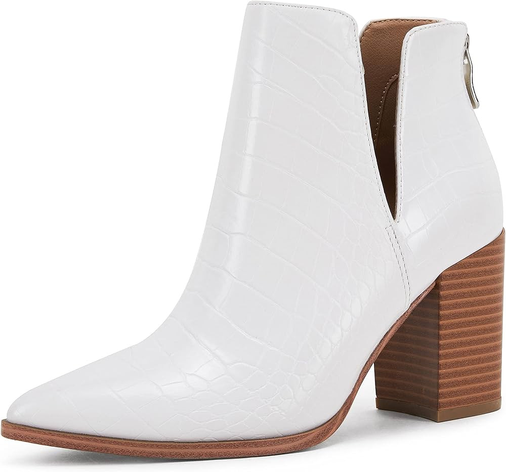 Women's Ankle Boots Slip on Cutout Pointed Toe Fall Winter Chunky Stacked Mid Heel Booties | Amazon (US)