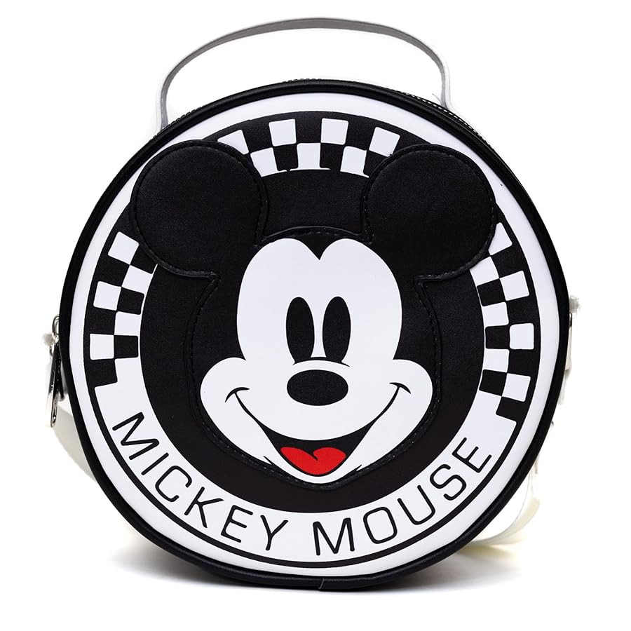 Disney Bag, Crossbody, Round, Mickey Mouse Smiling Face Applique Checker White Black, Vegan Leath... | Amazon (US)