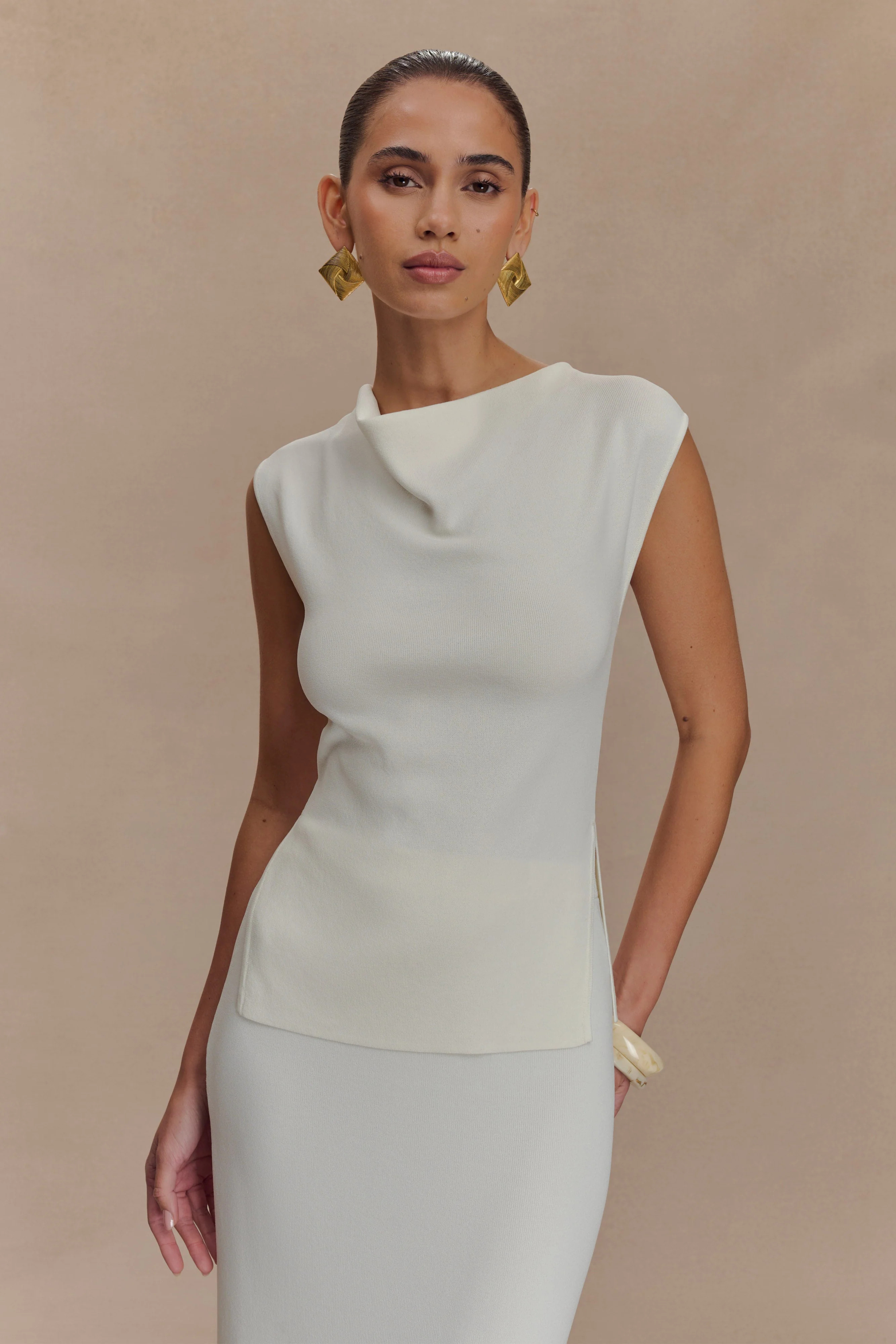 Francisca Cowl Neck Knit Top - White | MESHKI US