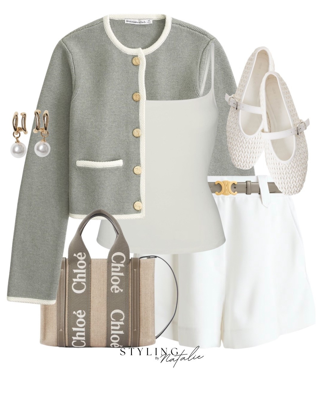 Spring outfit, smart casual, cardigan with gold button and contrasting trim, tailored shorts with celine belt, Mary Jane shoes, skims cami vest, Chloe tote bag. 
Spring work outfit, casual chic, Europe outfit. 

#LTKspring #LTKsummer #LTKeurope