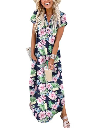 ANRABESS Women Summer Maxi Dress Casual Short Sleeve V Neck Button Up Loose Split Travel Dresses ... | Amazon (US)