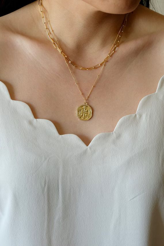 Gold Coin Necklace Set | Cross Necklace | 18k Gold Filled Medallion Necklace | Layered Necklace |... | Etsy (US)
