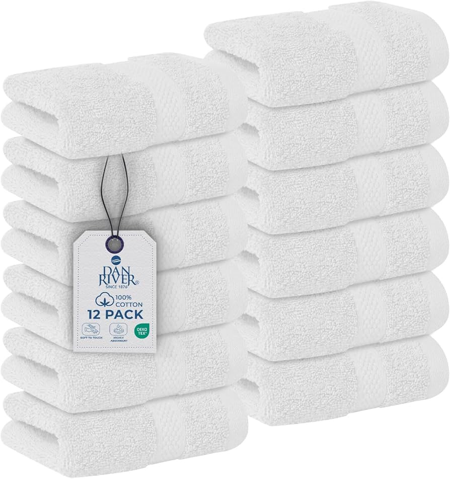 DAN RIVER 12-Pack Premium 100% Cotton White Face Towels for Bathroom - Reusable Face Wash Cloths ... | Amazon (US)