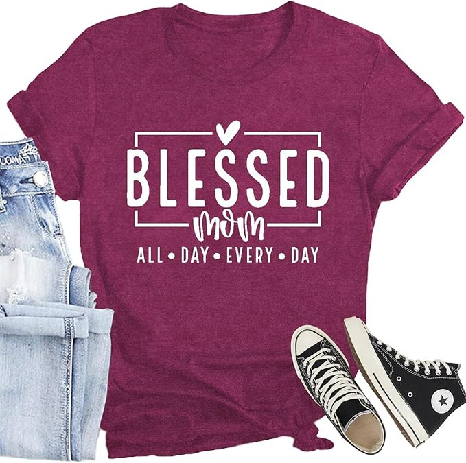 Women Mom Shirt Blessed Mom All Day Every Day Letter Print T-Shirt Best Mama Tee Tops | Amazon (US)