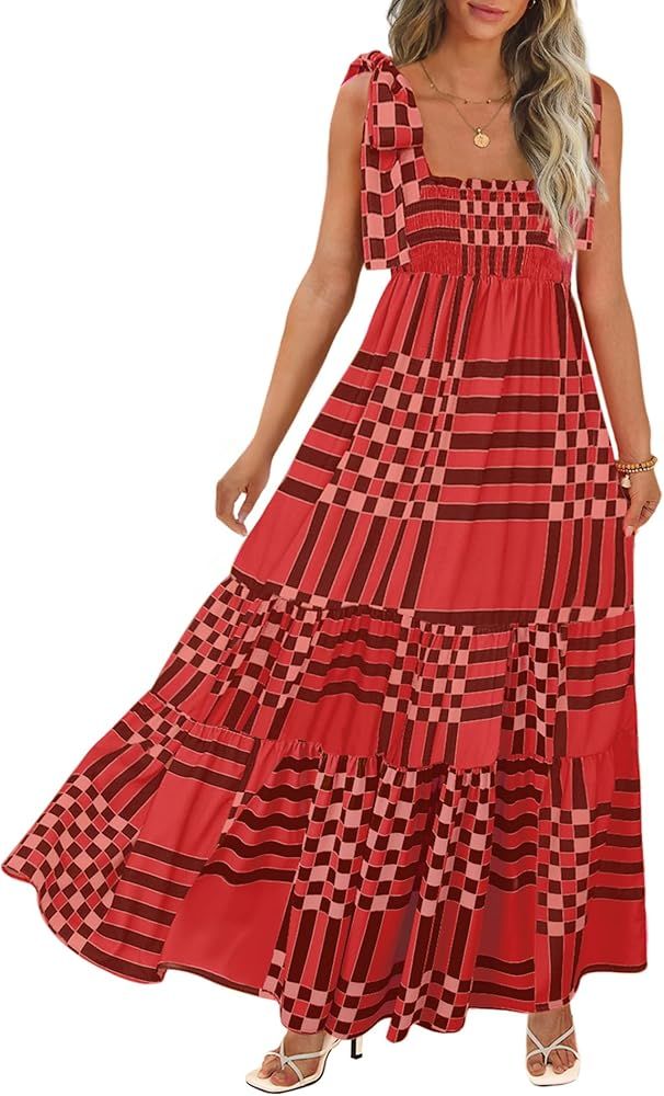 Women's Summer Maxi Dress Boho Spaghetti Straps Casual Long A-line Smocked Beach Dress Square Nec... | Amazon (US)