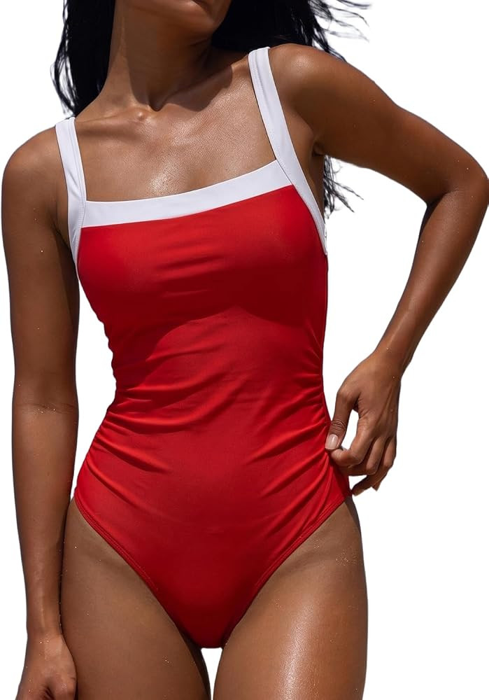 QINSEN Women's Square Neck One Piece Swimsuit Side Ruched Tummy Control Adjustable Straps Bathing... | Amazon (US)