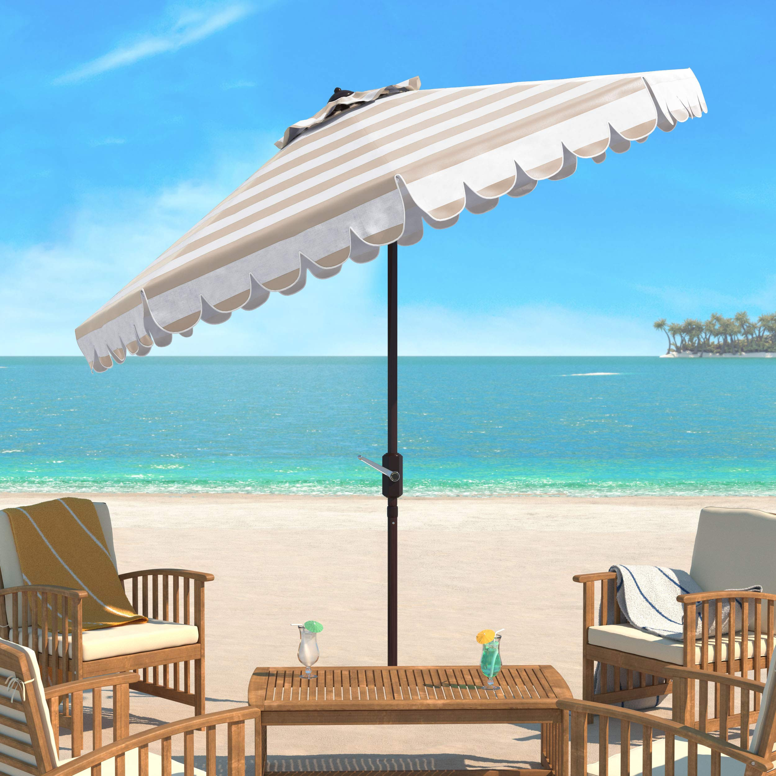 SAFAVIEH PAT8011A Outdoor Collection Maui Beige and White Single Scallop Striped 9Ft Crank Push Button Tilt Umbrella | Amazon (US)