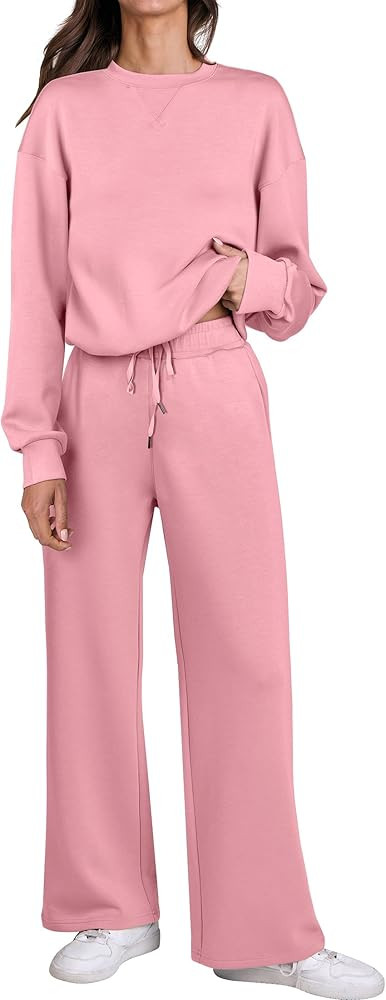 Caracilia Women's 2 Piece Outfits Sweatsuit Fall Crewneck Sweatshirts Wide Leg Pants Lounge Match... | Amazon (US)