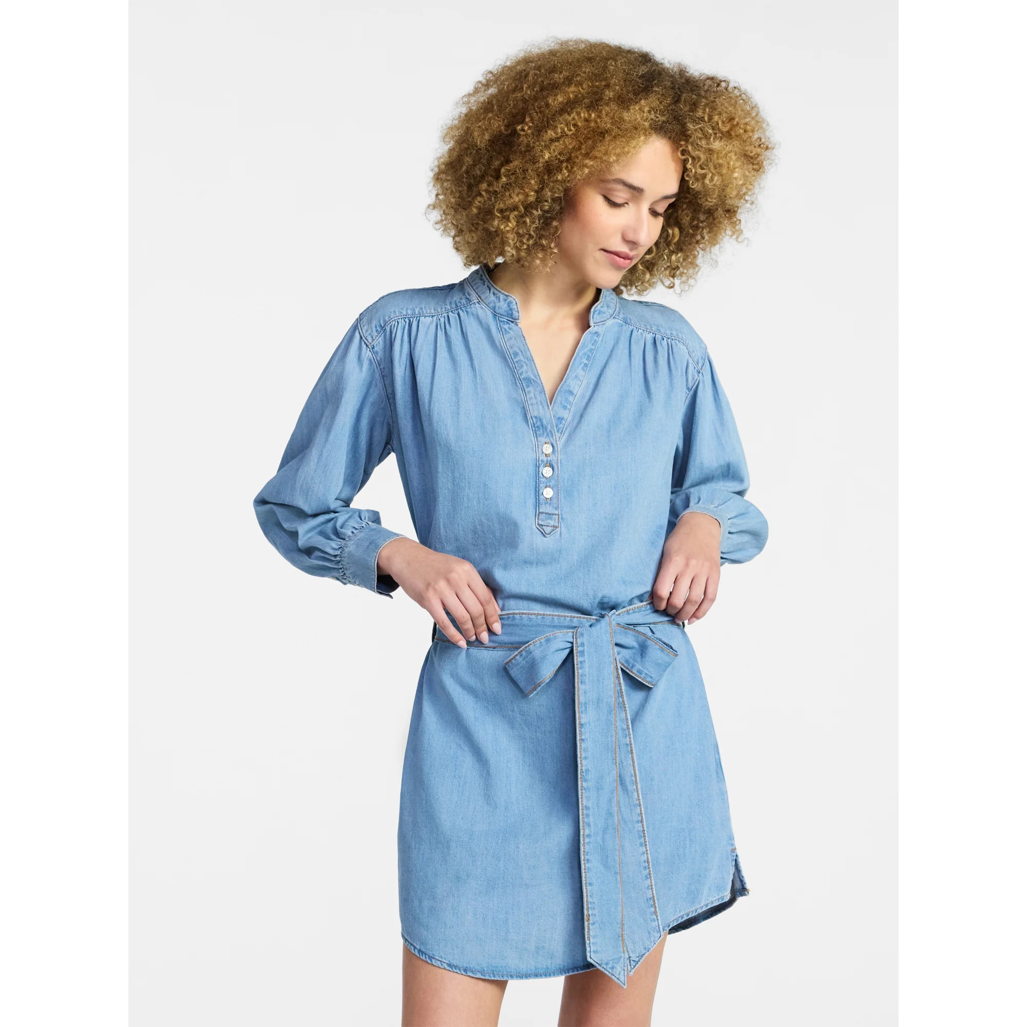 Time and Tru Women's Belted Denim Mini Shirtdress with Long Sleeves, Sizes XS-XXXL | Walmart (US)